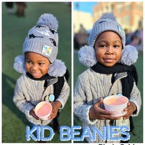 Dinosaur boys pompom beanie in grey, black, and white